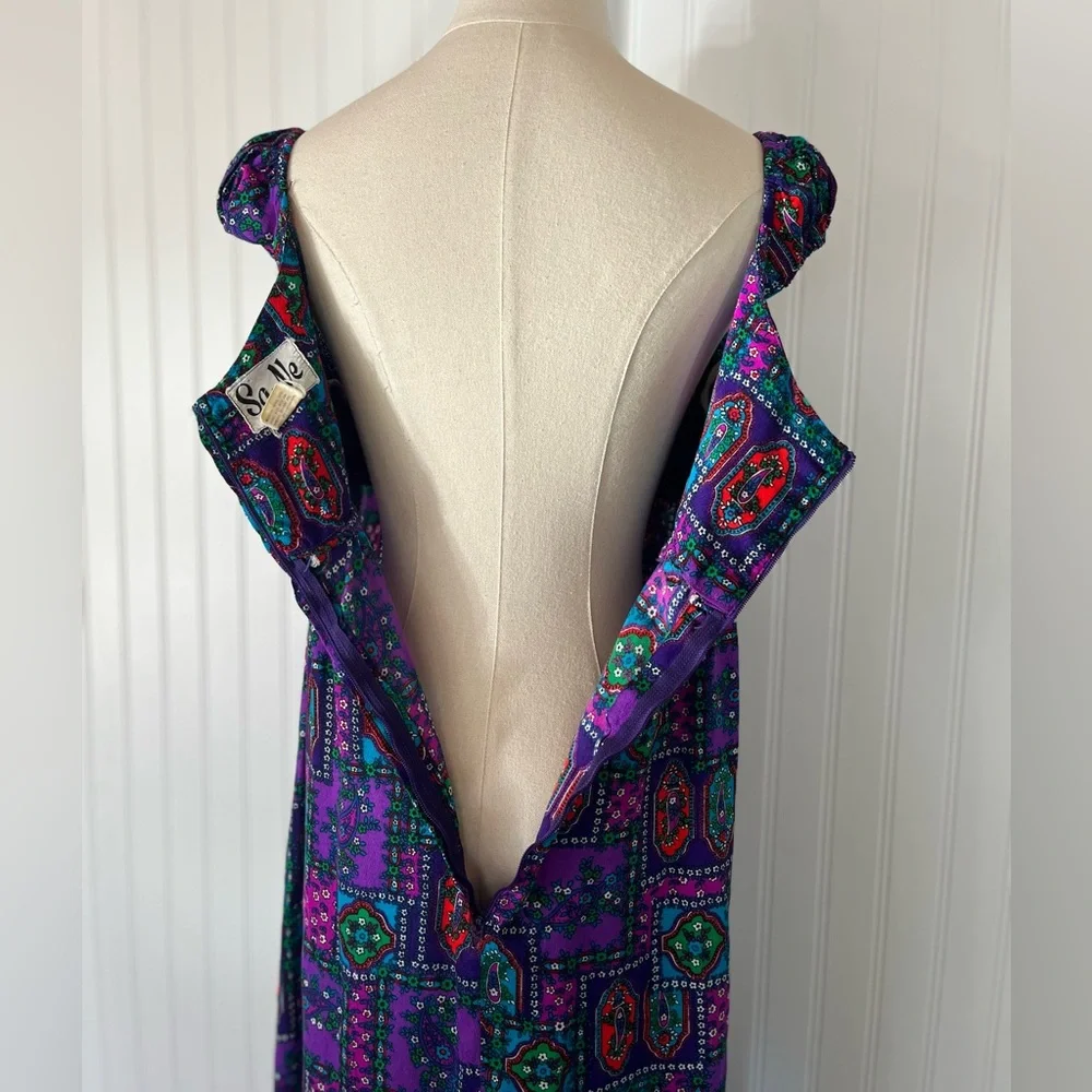 Vintage Hawaiian Purple Psychedelic Floral Patterned Maxi Dress Cap Sleeve Sa-Ne - Picture 13 of 16